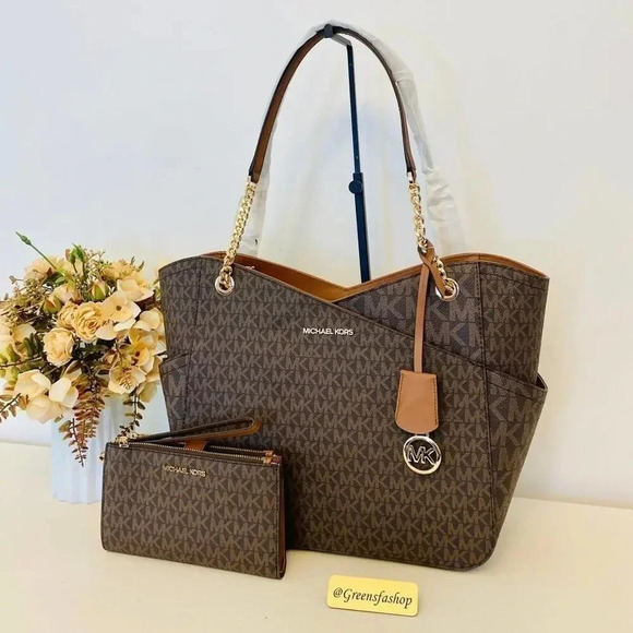 Michael Kors Purse & wallet jet set travel large chain tote shoulder bag brown - Picture 1 of 12